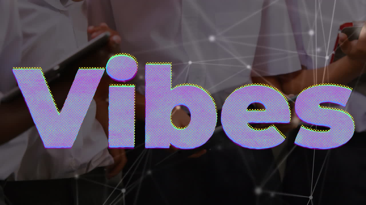 Animation of vibes text over biracial business people using tablet