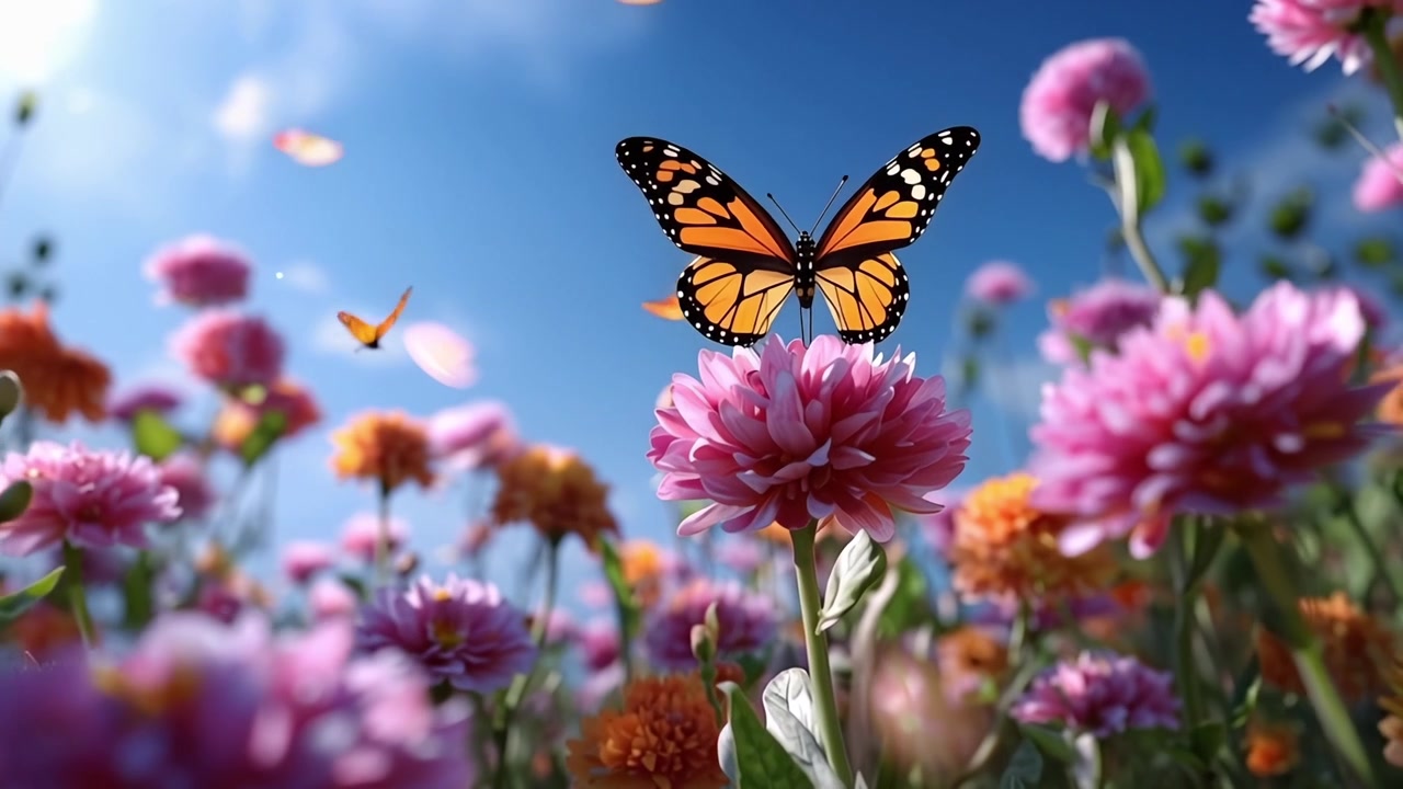 Farfalle monarca che volano e si posano su fiori vivaci in un campo soleggiato