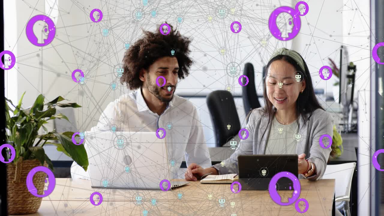 Man glancing tablet and starting tech collab, pair pointing laptop while purple nodes overlaying