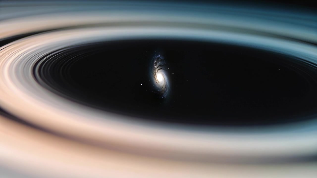 Subtle camera glide revealing bright spiral core becoming more defined in outer space with rings
