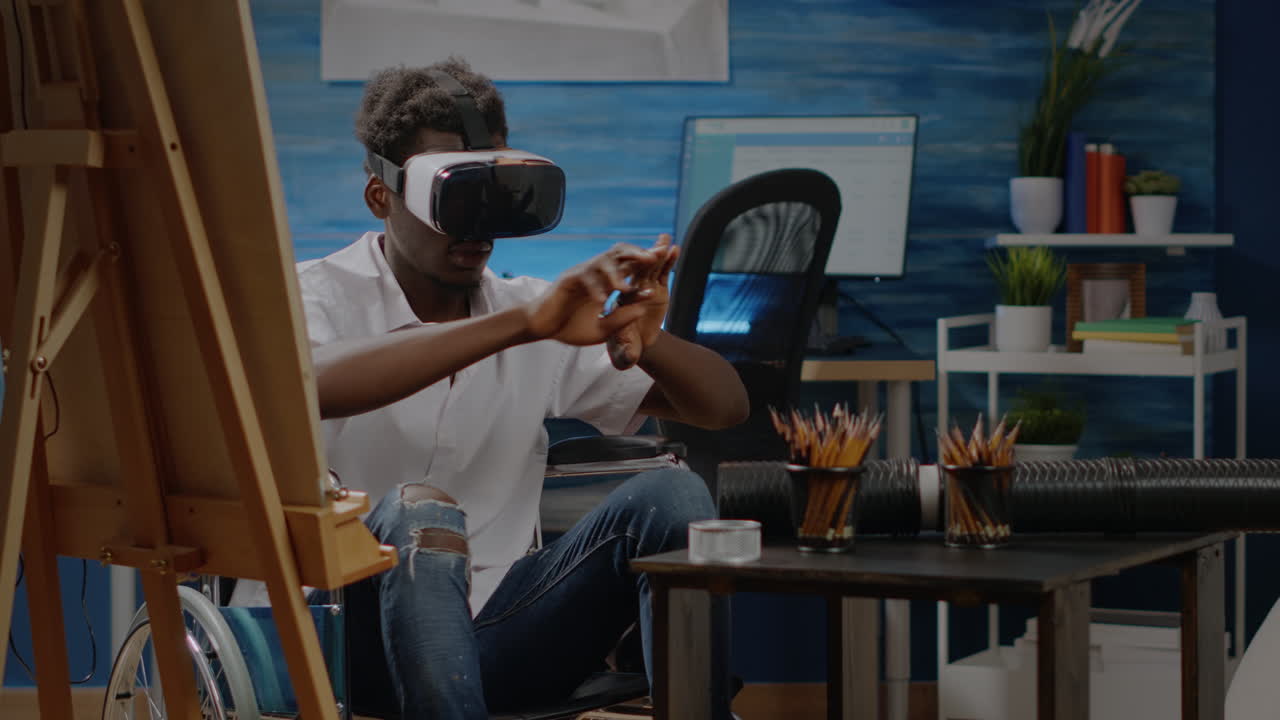 African american artist with handicap using virtual technology