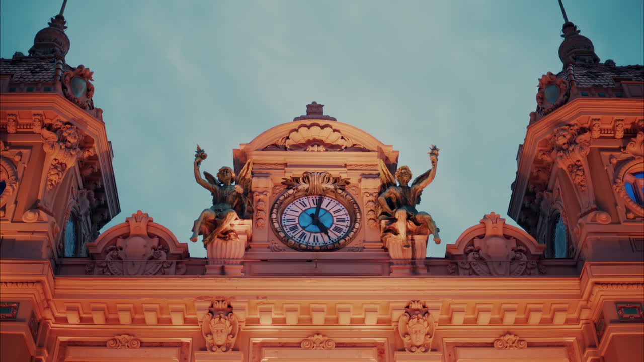 Monte Carlo, Monaco - October 24, 2024: Close up of the top of the Monte Carlo Casino in the evening