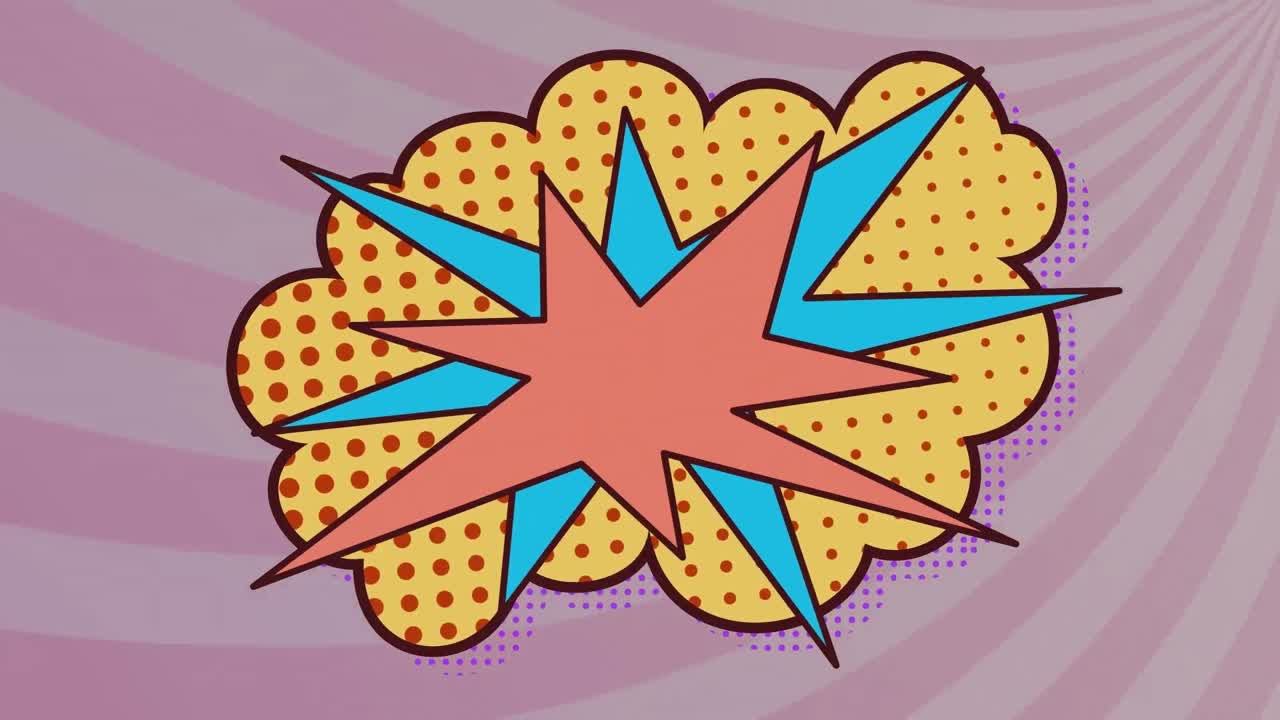 animación de una burbuja de habla retro sobre una nube amarilla con puntos y rayas púrpuras