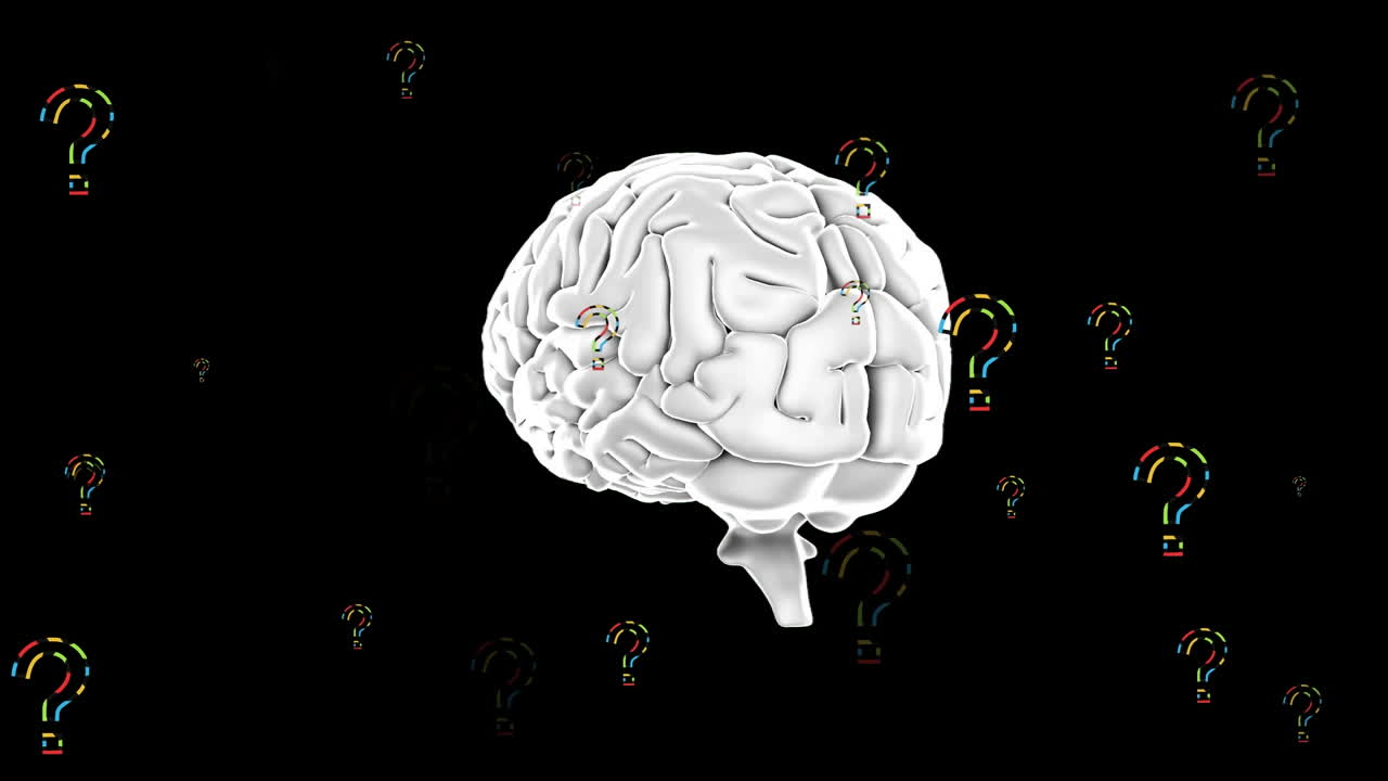 검은색 배경에 디지털 뇌 위에 질문표의 애니메이션