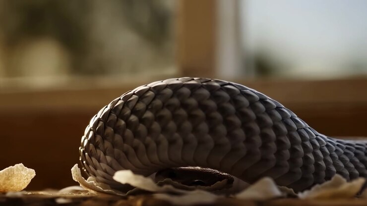 Curled snake forebody and head rest among fragmented eggshells on flat indoor surface, with partially hidden eye, textured diamond scales, soft side window light, shallow focus, and muted moody tones