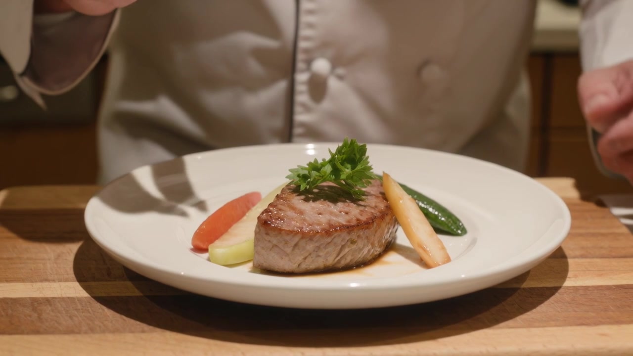 En kokk i hvit kokkejakke strekker seg for å fullføre anretningen og plasserer persille på en stekt filet på et trefjøl.