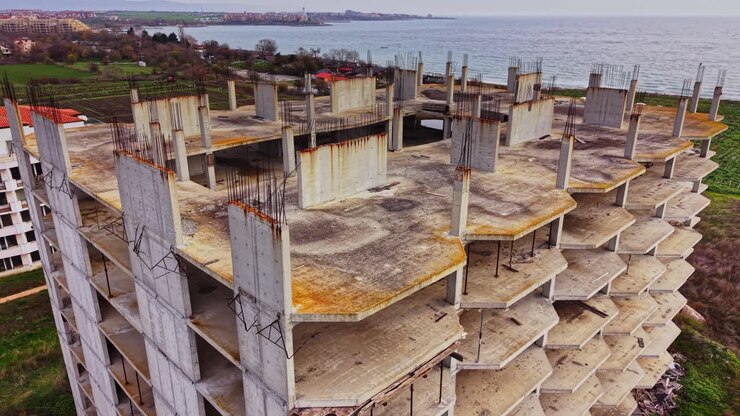 Verlaten gebouw aan de kust met verroeste constructies en uitzicht op zee