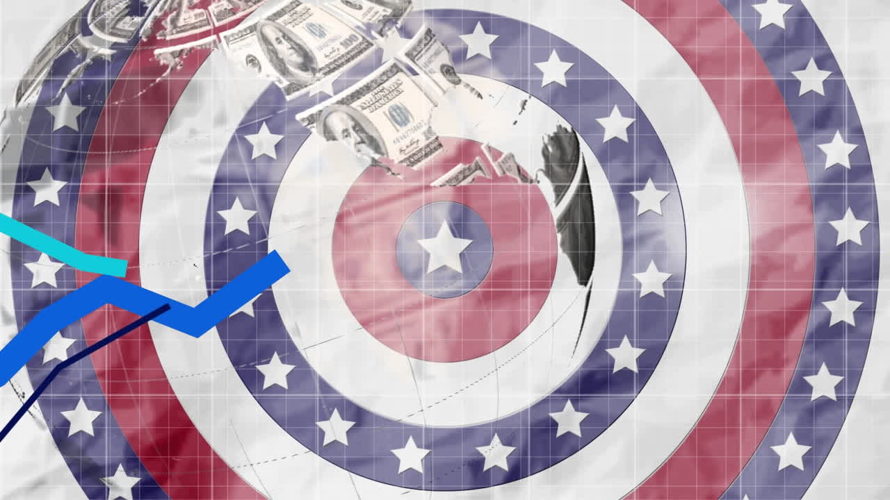 Grafici in movimento e globo fatto di dollari americani su stelle che girano in cerchio
