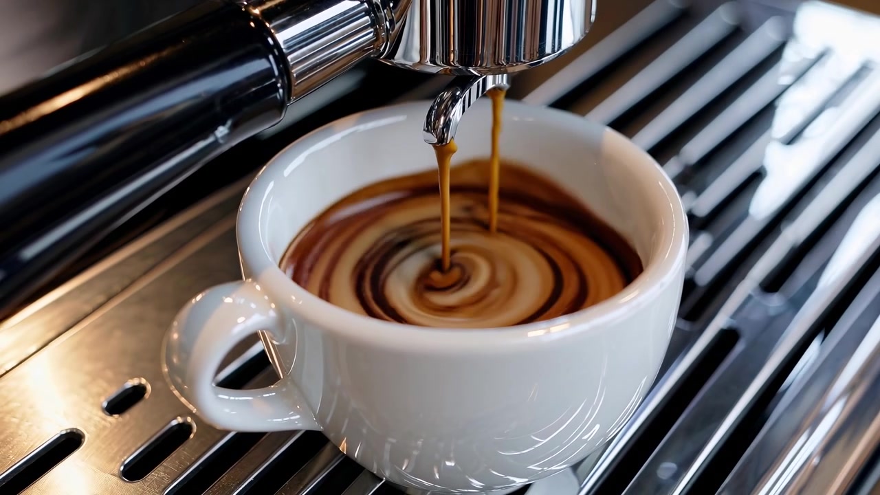 Espresso fließt aus einer professionellen Maschine in eine weiße Keramiktasse