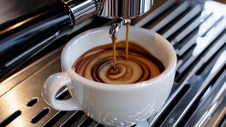 Espresso fließt aus einer professionellen Maschine in eine weiße Keramiktasse