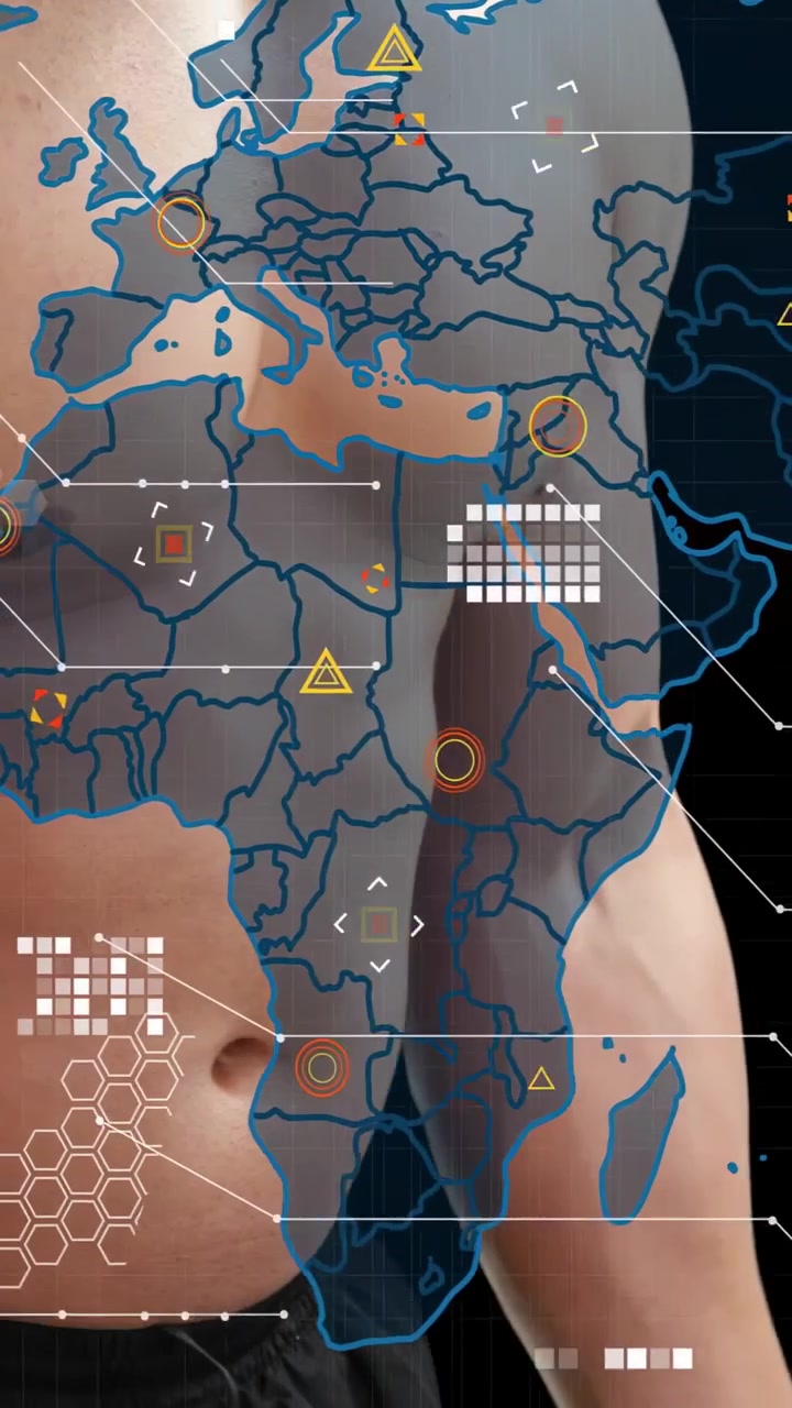 Vertical video: Man gripping dumbbell, curling arm, HUD map overlaying torso tracking fitness