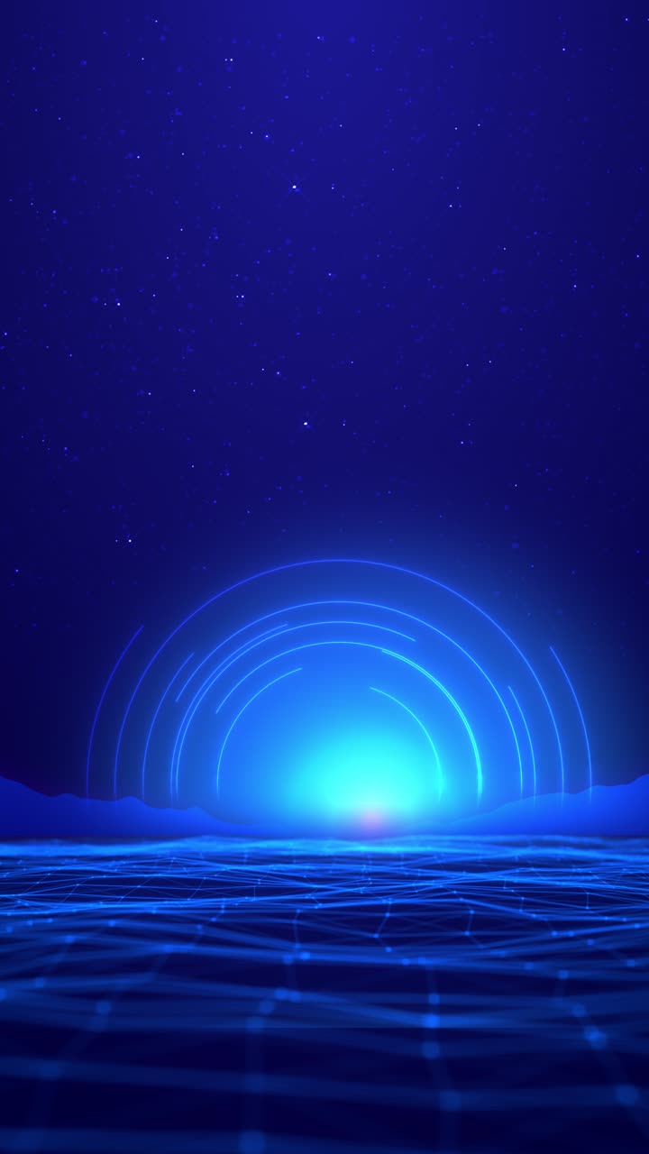 Futuristic neon blue featuring glowing circular rings digital plexus waves dynamic animation of
