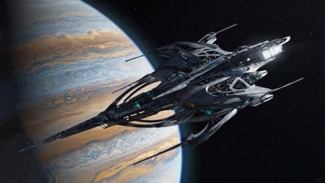 Futuristic Spaceship Orbiting a Gas Giant