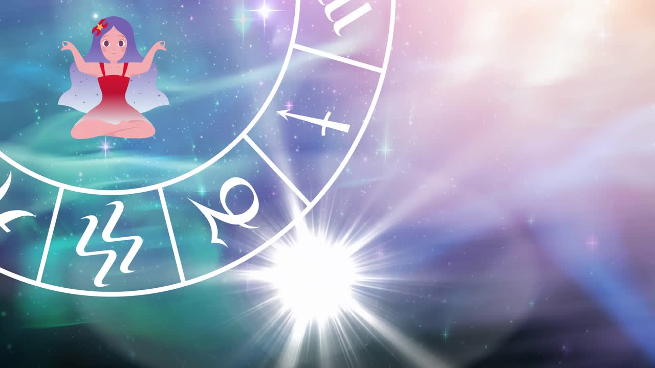 animación del signo estelar con la rueda del horóscopo girando sobre las estrellas sobre un fondo verde a púrpura