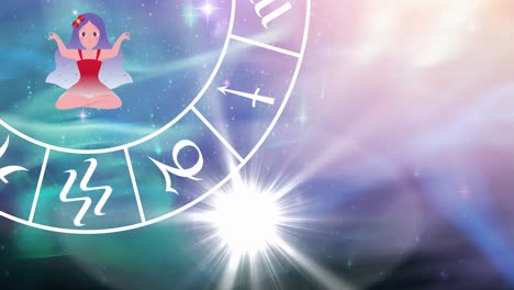 Animation-of-star-sign-with-horoscope-wheel-spinning-over-stars-on-green-to-purple-background