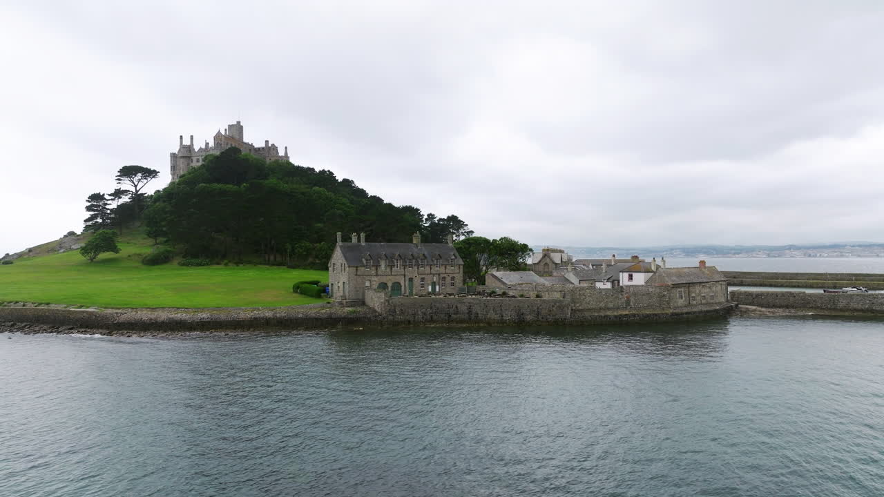 Saint Michael's Mount Cafe And Museum With Castle In Cornwall, England. - aerial shot