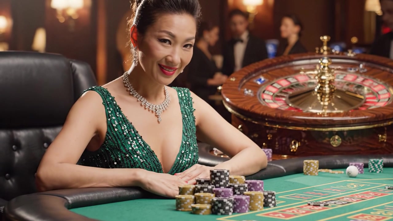 賭場的迷人夜晚：一位身穿閃亮綠色禮服的驚艷女子在輪盤賭桌上策略性地放置籌碼，體現優雅與策略