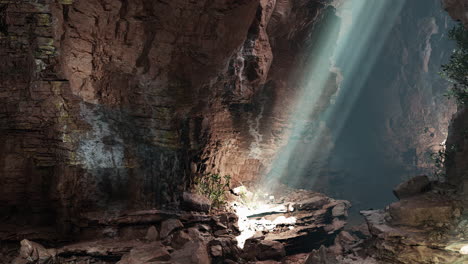 a beam of sunlight shines into a dark cave