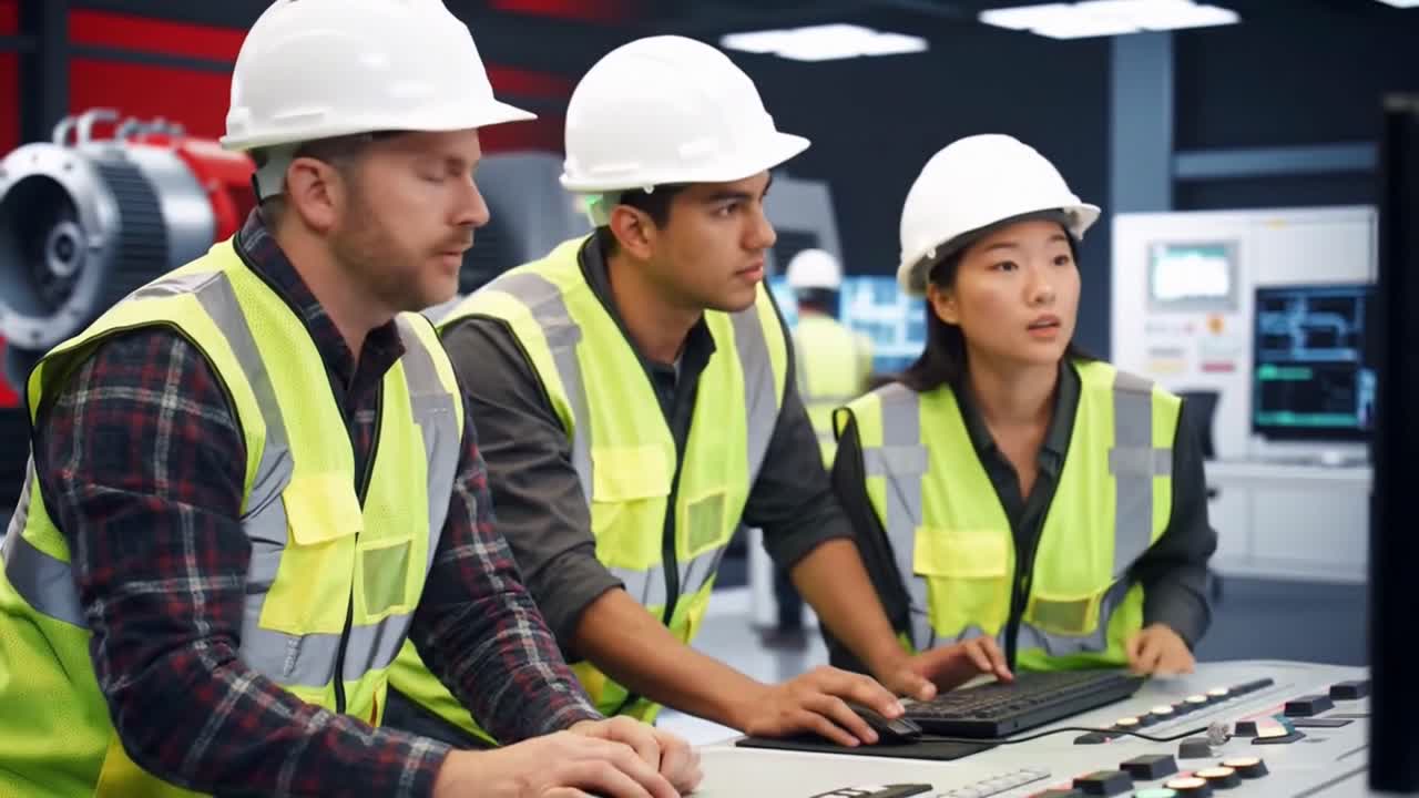 Diverse engineering team, two men and a woman. Industrial Engineers Monitoring System