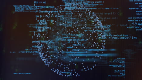 Globe of interconnected dots and programming code animation over dark background