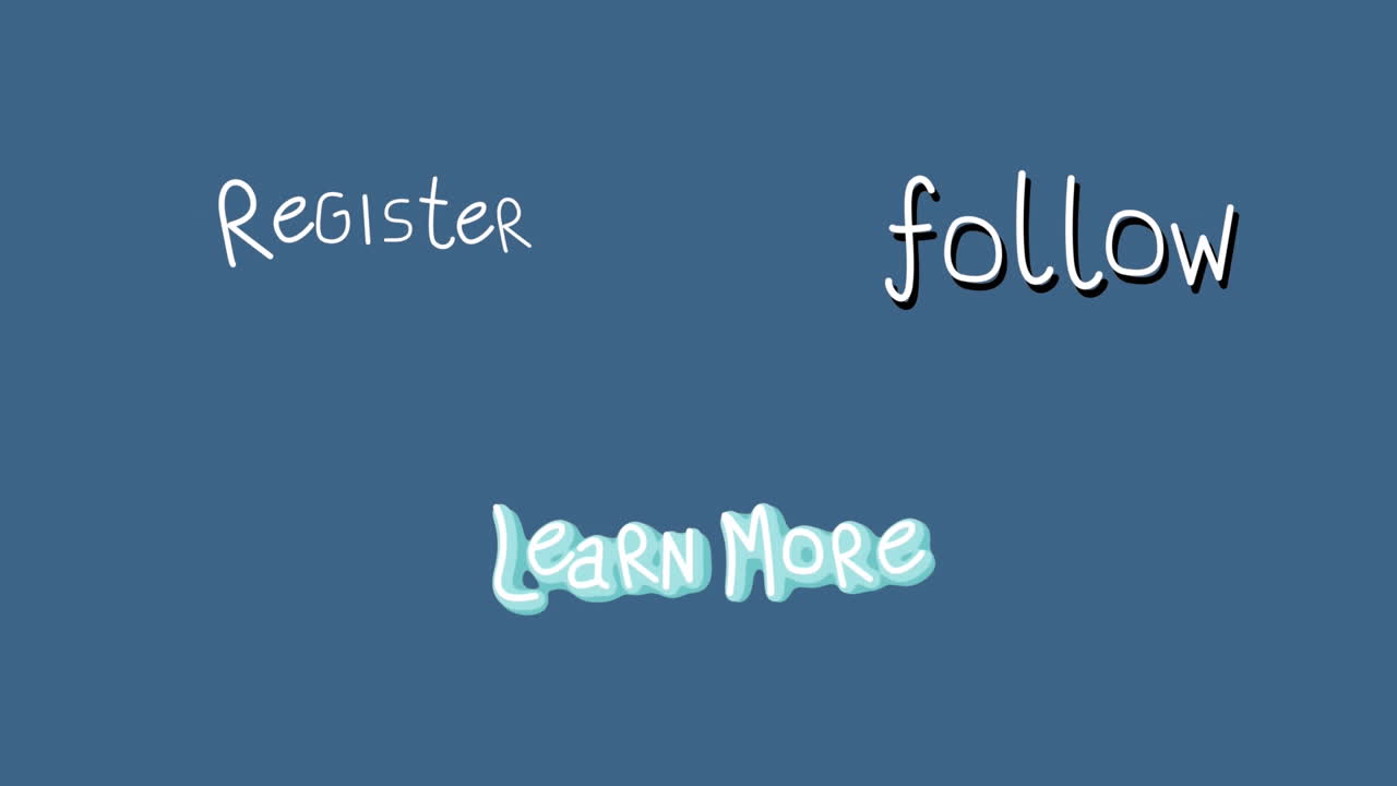 단어의 애니메이션을 따라 등록하고 파란색 배경에  ⁇ 박이는 더 많은 것을 배우십시오