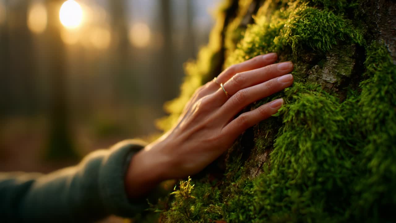 A Serene Encounter with Nature: A Close-Up of a Hand Gently Touching a Moss-Covered Tree Trunk as the Warm Light of Sunset Filters Through the Forest, Evoking a Sense of Peace and Connection with the Environment