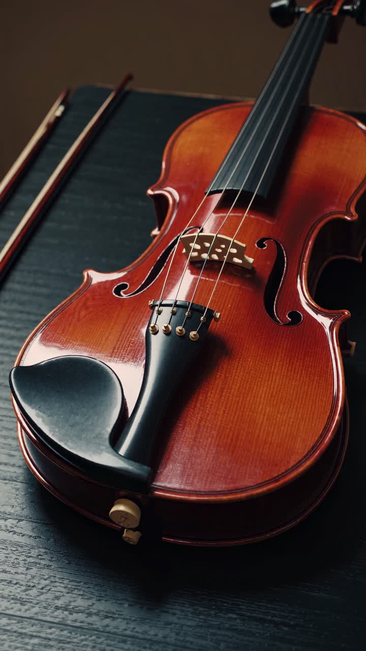 Close-up video of a violin on a dark wooden table, showcasing its glossy finish and intricate