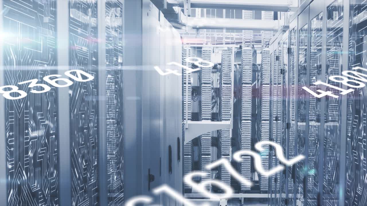 Streaming white numbers drifting over server aisle as camera dollies forward visualizing data flow