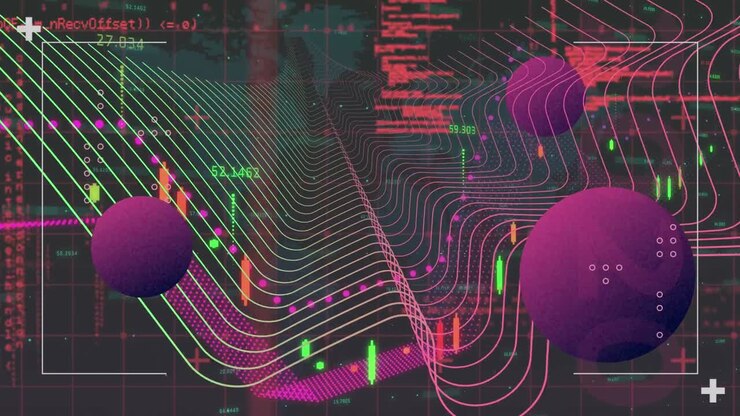 Animation of graphical infographic interface with rotating globe, wave pattern, coding and graph