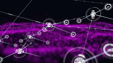 Animation-of-network-of-connections-with-digital-icons-over-purple-mesh