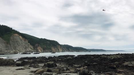 coast guard helicopter approaches south cove from the pacific ocean on the oregon coast