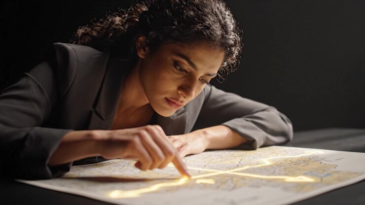 Focused Examination of a Map: A Woman Analyzes Geographical Details Under Soft Lighting, Highlighting Her Intent and Insightful Engagement with Navigation.