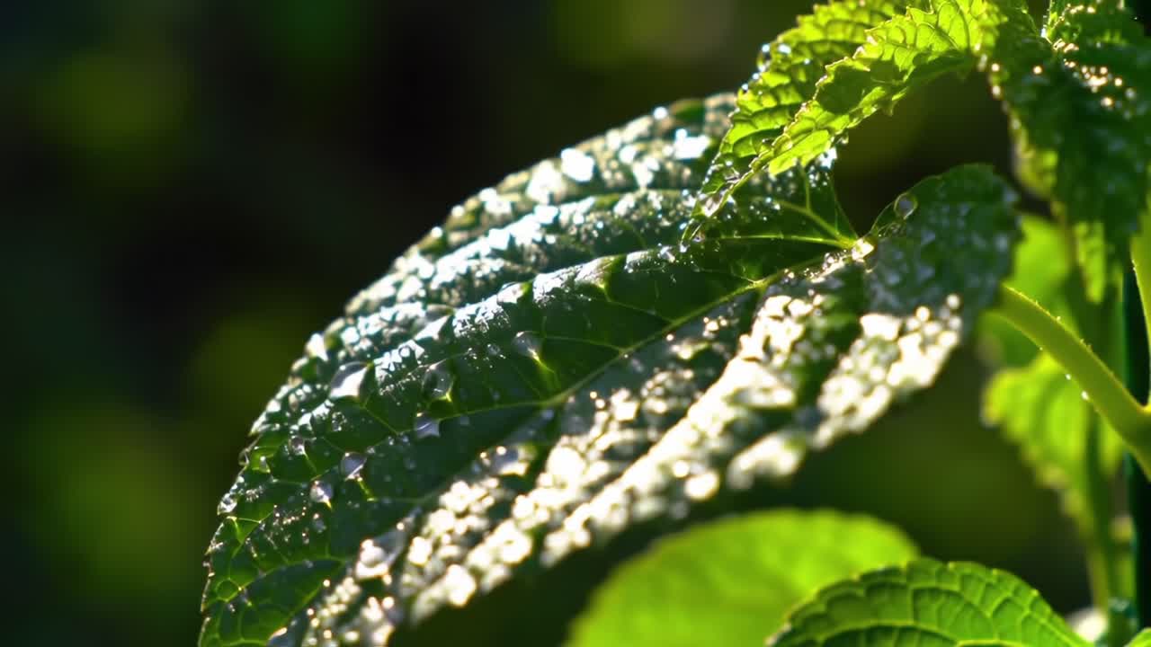 Captivating Close-Up of Glistening Green Leaves Under Soft Sunlight, Highlighting Nature's Beauty with Dew Drops Sparkling in the Light