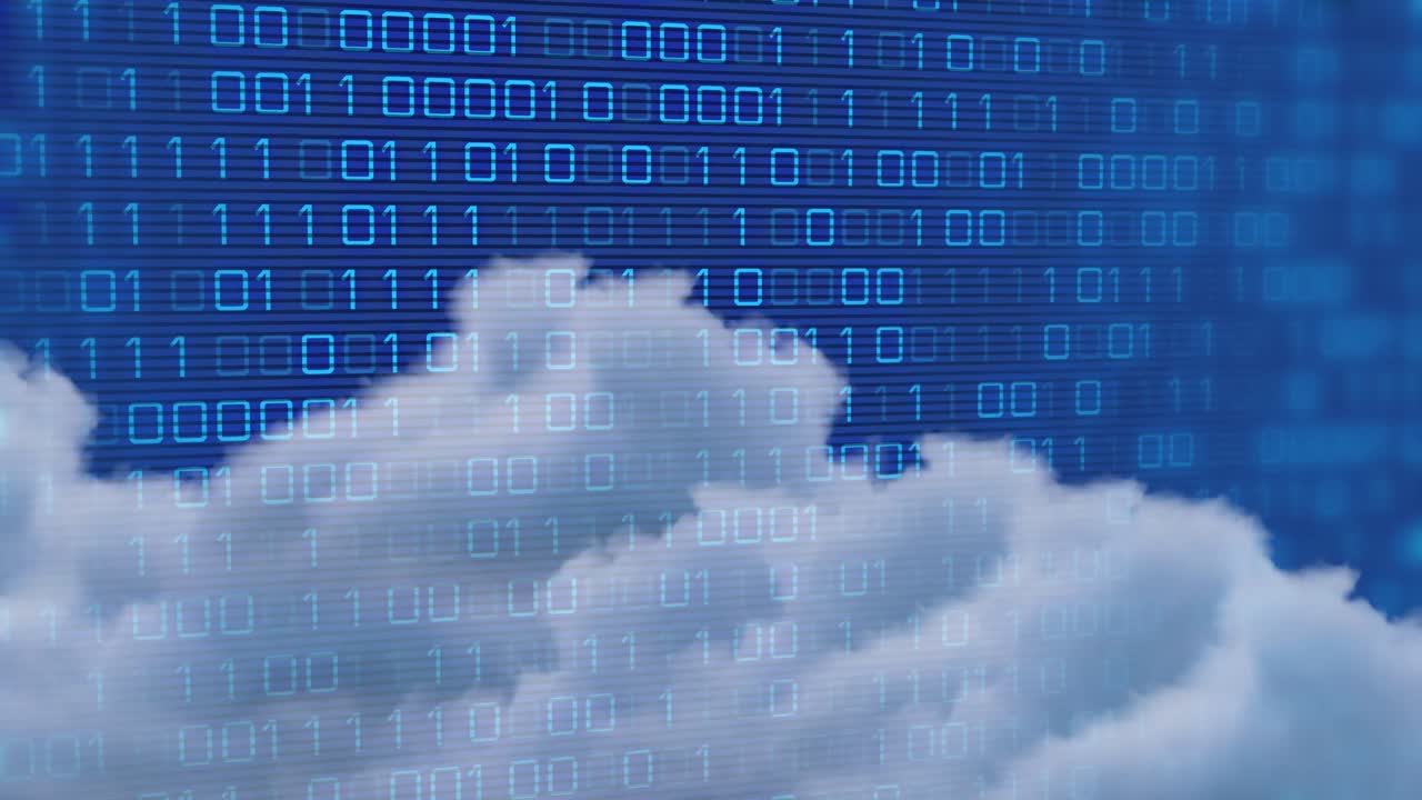 animación de procesamiento de datos de codificación binaria sobre nubes sobre fondo azul
