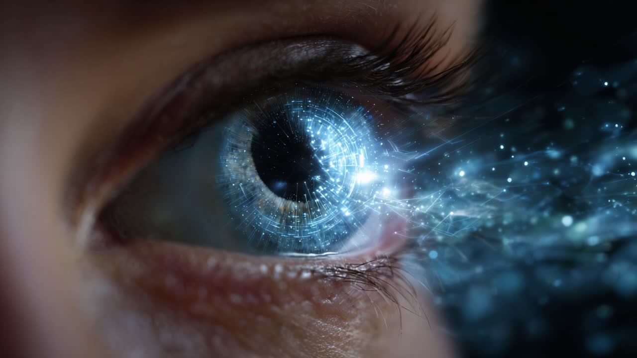 Esplorando le profondità della percezione: una prospettiva futuristica sull'occhio, che fonde tecnologia e visione in uno spettacolare display di luce e colore