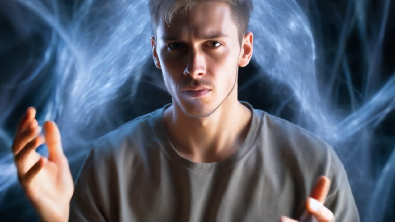 A young man experiences an intense emotional struggle, depicting the complexity of human feelings with a swirling background, symbolizing mental turmoil and clarity