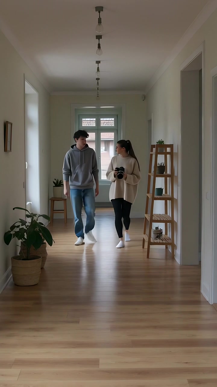 Video vertical: Pareja entrando, hombre caminando, mujer con suéter color canela revisando la cámara por el pasillo de casa.