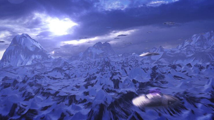 Alien UFOs over Snowy Mountains
