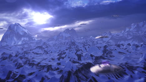 alien ufos over snowy mountains