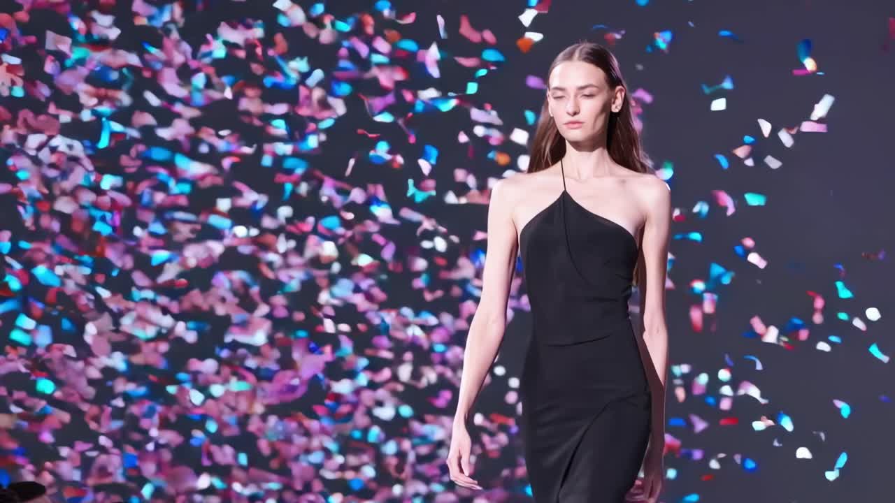 Fashionable model confidently walking down catwalk, surrounded by colorful confetti raining from above during glamorous runway performance