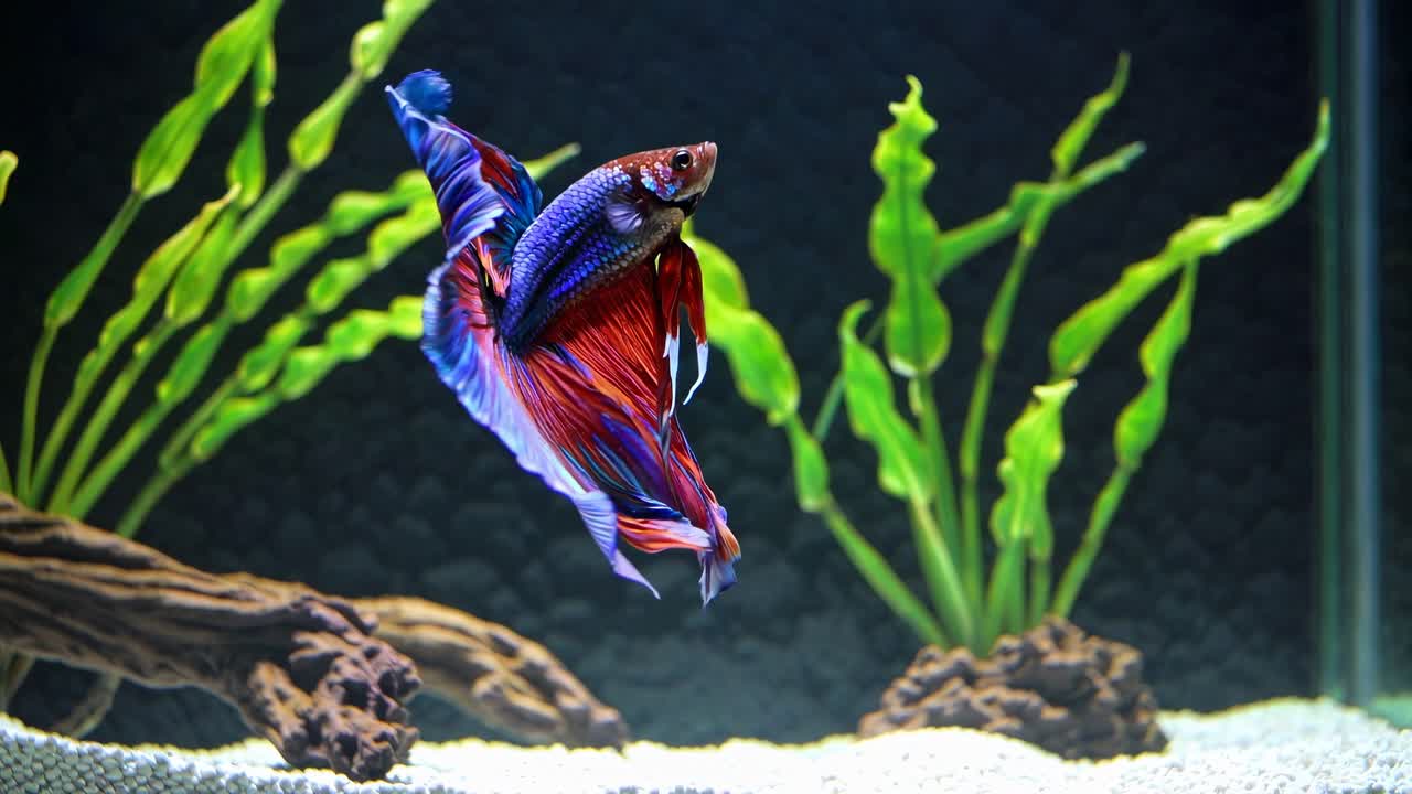 A vibrant betta fish swims gracefully in an aquarium, captured from a side angle