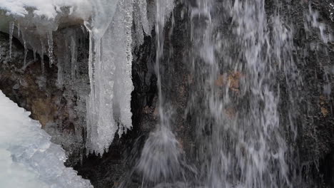 spring meltwater cascading over frozen waterfall, winter mountain stream closeup