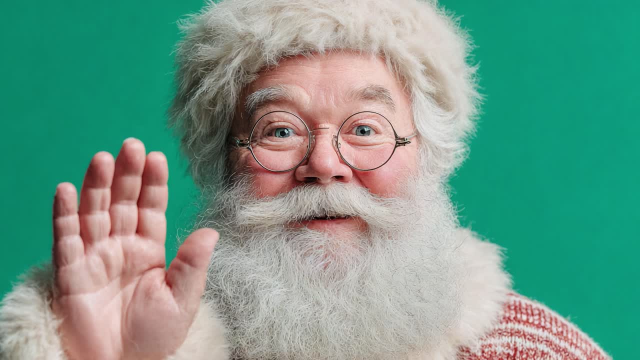Joyful Santa Claus Waving Cheerfully Against a Vibrant Green Background, Spreading Holiday Cheer with a Warm Smile and Friendly Gesture