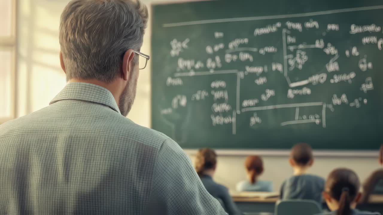 Students sitting attentively while math professor explaining complex equations and formulas written on chalkboard during advanced academic lecture in classroom setting