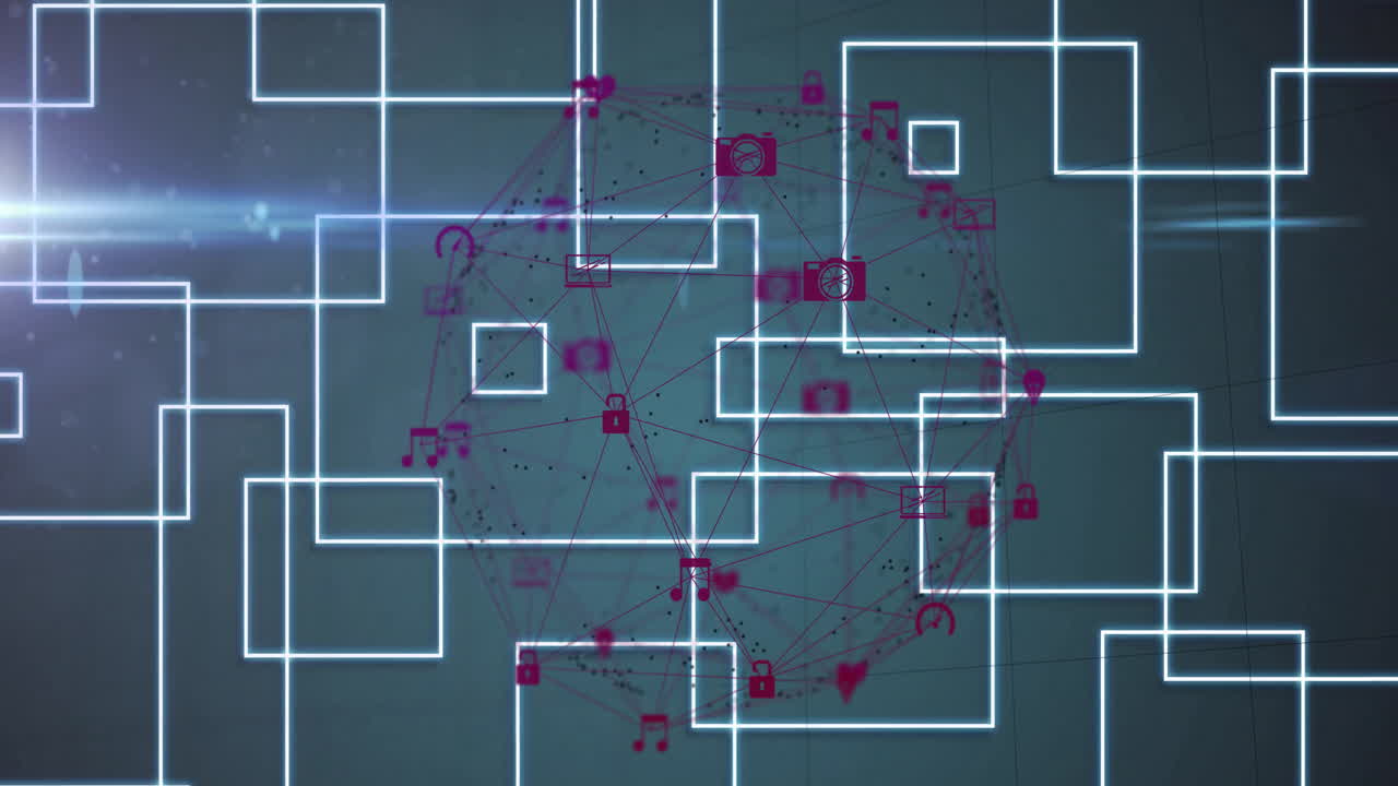 Animation of digital icons and connections over geometric shapes on blue background