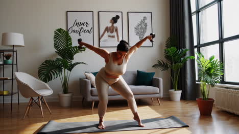 woman exercising at home with dumbbells