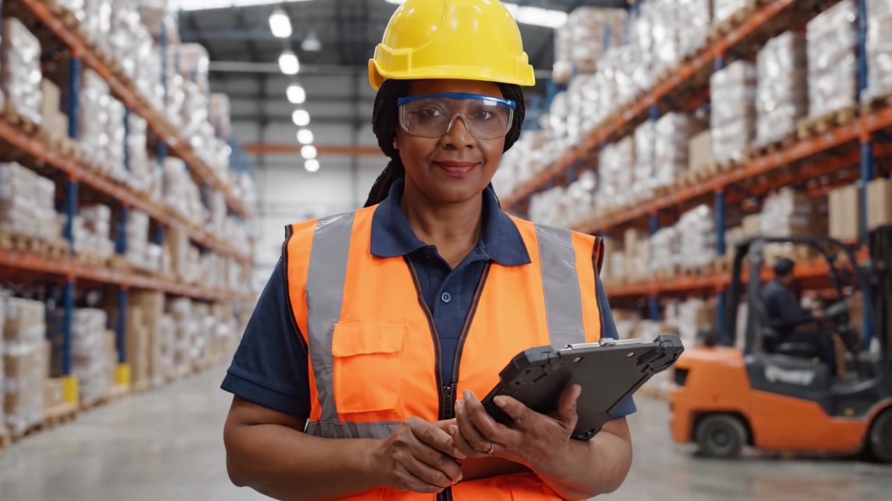 Un operaio di magazzino con equipaggiamento di sicurezza controlla l'inventario su un tablet, garantendo efficienza e sicurezza nell'ambiente frenetico di un centro di distribuzione.