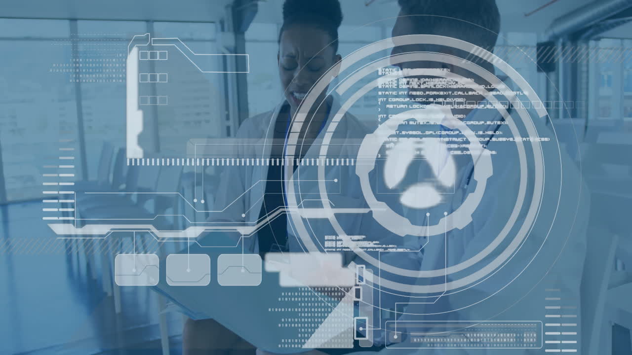 Medical data processing animation over healthcare professionals discussing in office