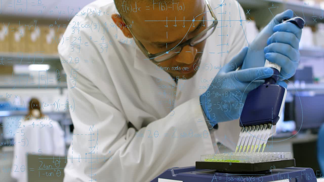 Lab scientist lowering pipette, aligning tips and filling wells for assay, formulas appearing