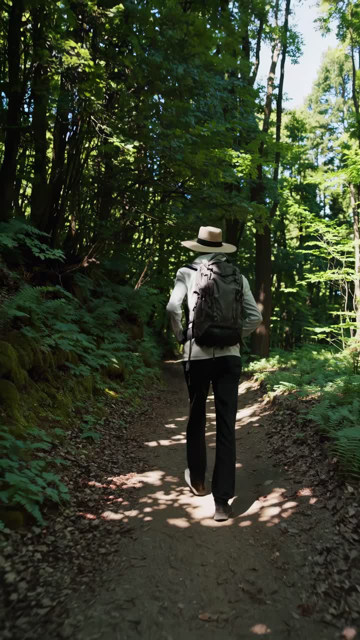 A video still of a hiker with a backpack walking through a lush forest